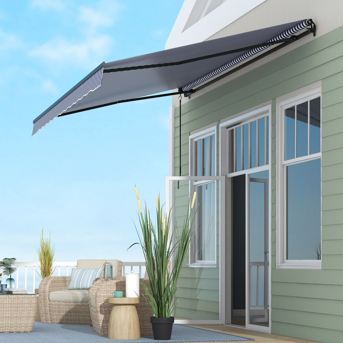 Awning 4X3M Wall Mounted Balcony Awning With Hand Crank, Sun Protection, Aluminum, Blue + White