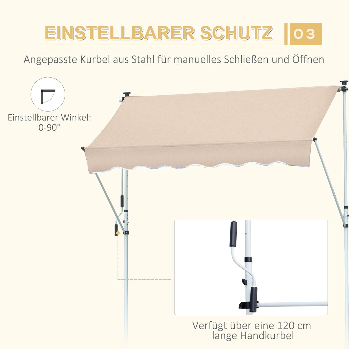 Awning Clamp Awning Sun Protection Folding Arm Hand Crank Balcony Aluminum Cream White 2X1.2M