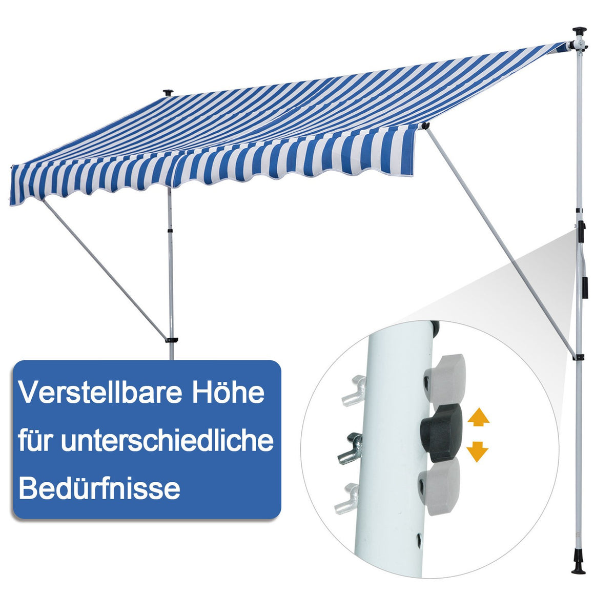 Awning, Folding Arm Awning, Clamp Awning, Height Adjustable, 300X150Cm, Blue/White, Aluminum