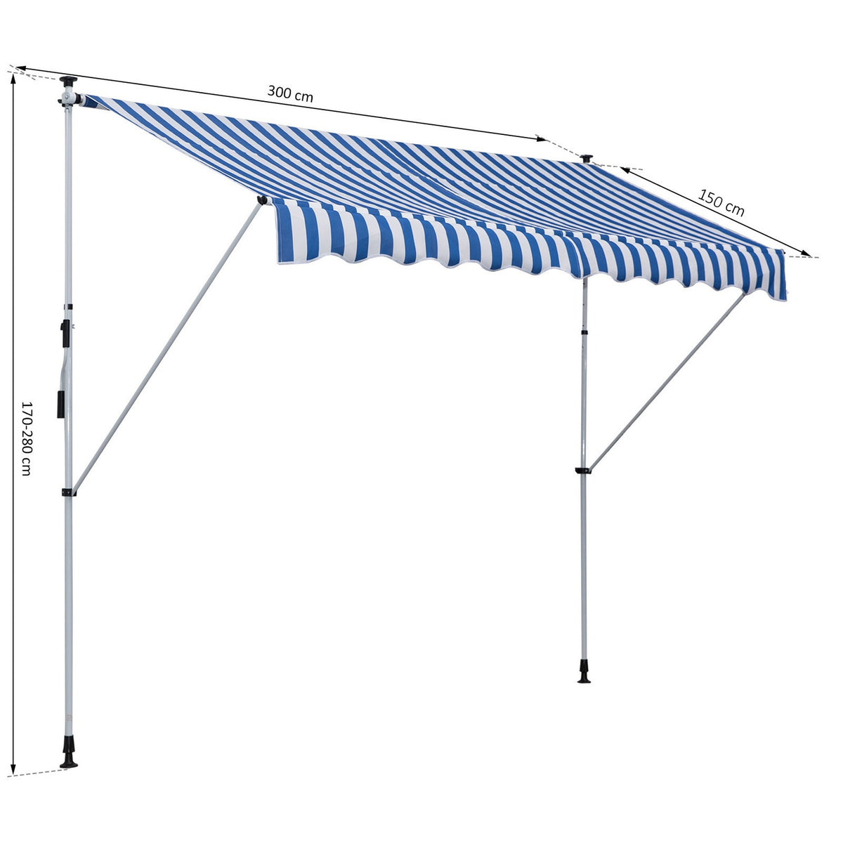 Awning, Folding Arm Awning, Clamp Awning, Height Adjustable, 300X150Cm, Blue/White, Aluminum