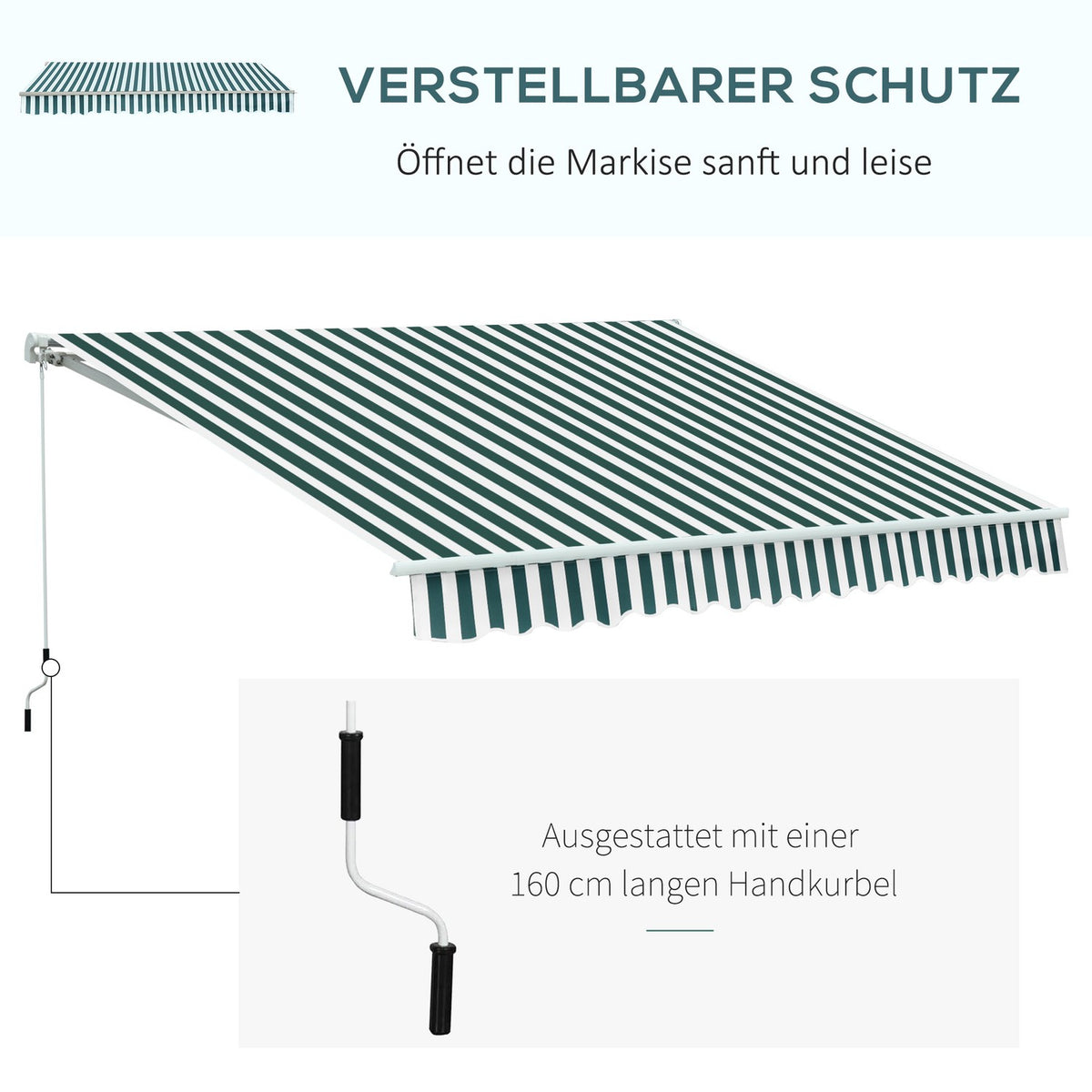 Awning Folding Arm Awning For Balcony, Sun Protection, 3X2.5M, Green+White, Aluminum+Polyester