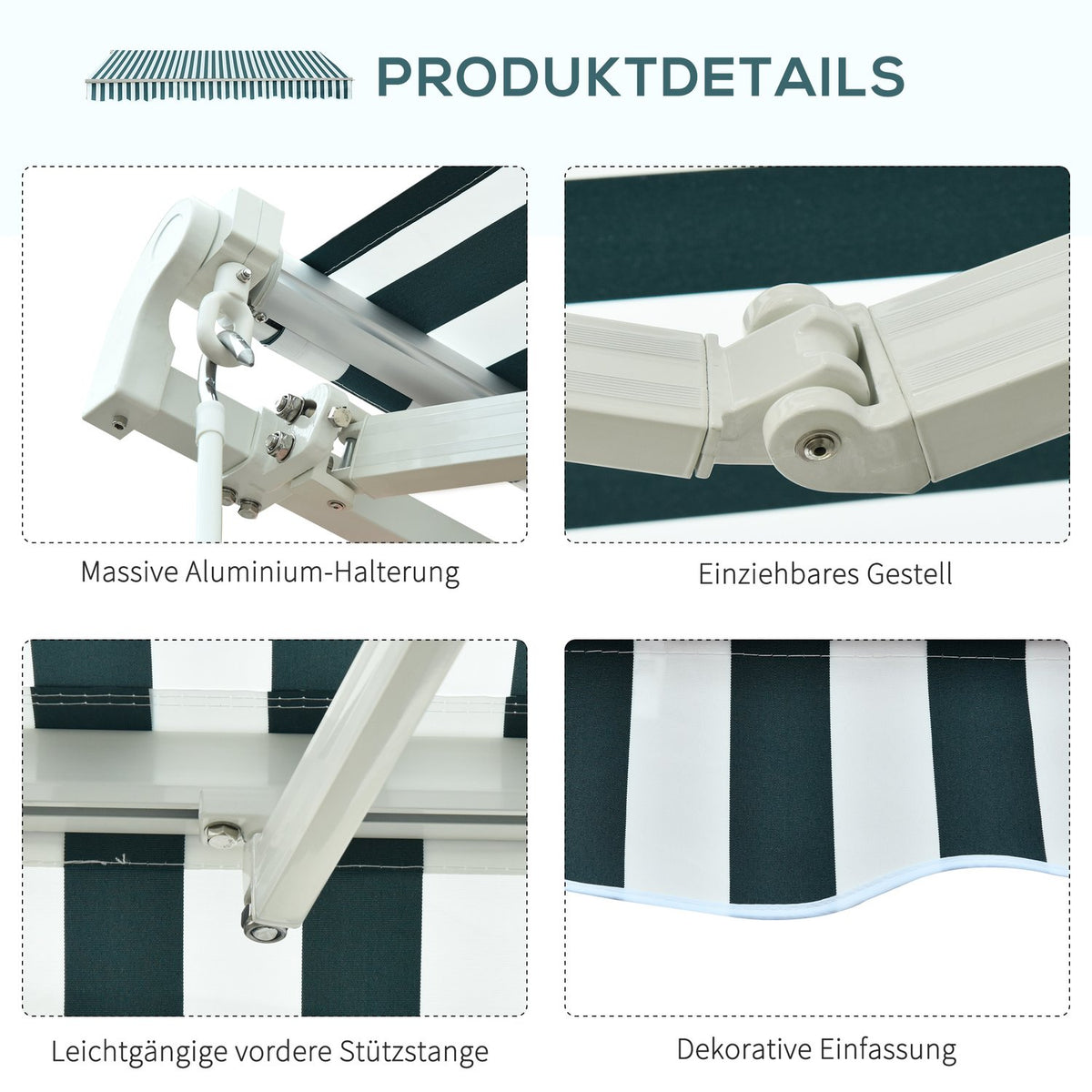 Awning Folding Arm Awning For Balcony, Sun Protection, 3X2.5M, Green+White, Aluminum+Polyester