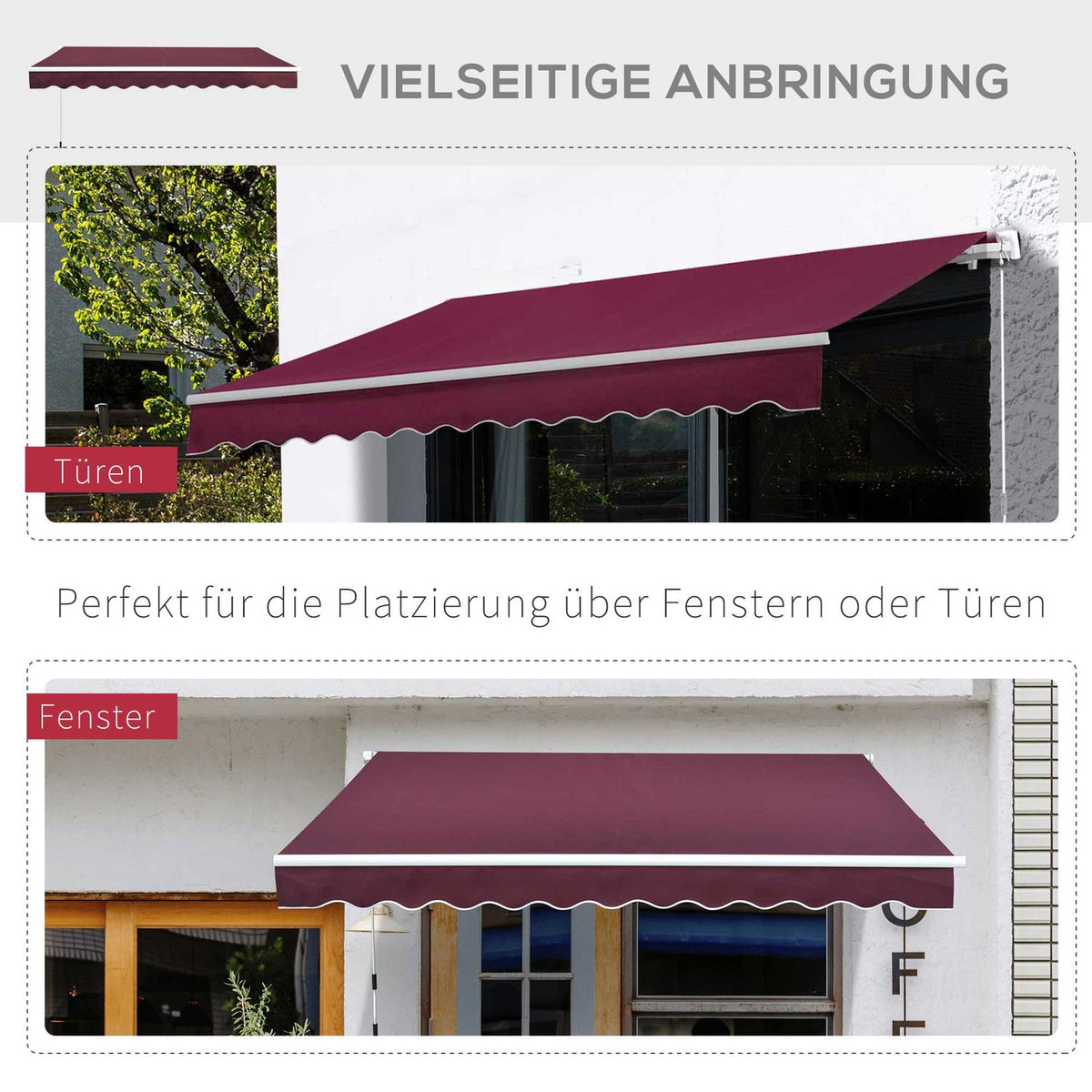 Awning, Folding Arm Awning For Balcony, Sun Protection, 3X2.5M, Wine Red, Aluminum + Polyester