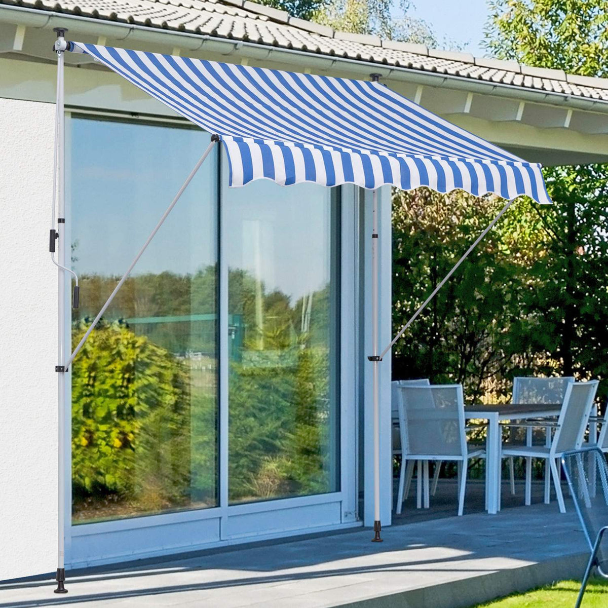 Awning, Folding Arm Awning, Height-Adjustable Clamp Awning, 200X150Cm, Blue/White, Aluminum