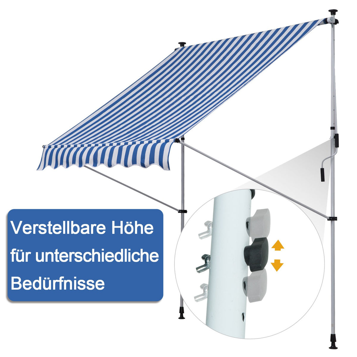 Awning, Folding Arm Awning, Height-Adjustable Clamp Awning, 200X150Cm, Blue/White, Aluminum