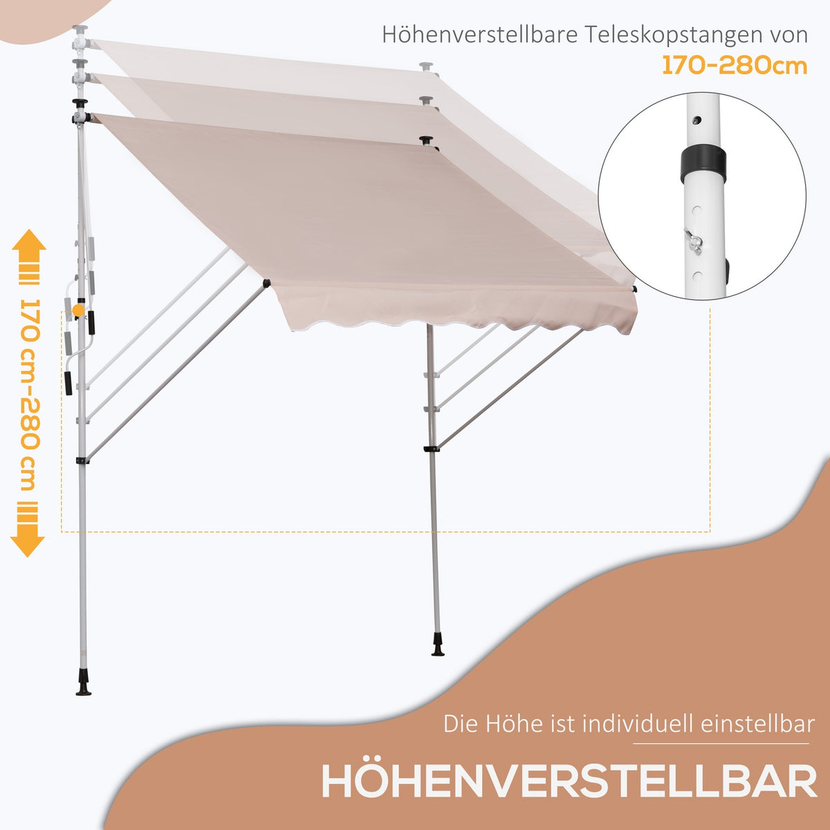Awning, Folding Arm Awning, Height-Adjustable Clamp Awning, 200X150Cm, Cream White, Aluminum