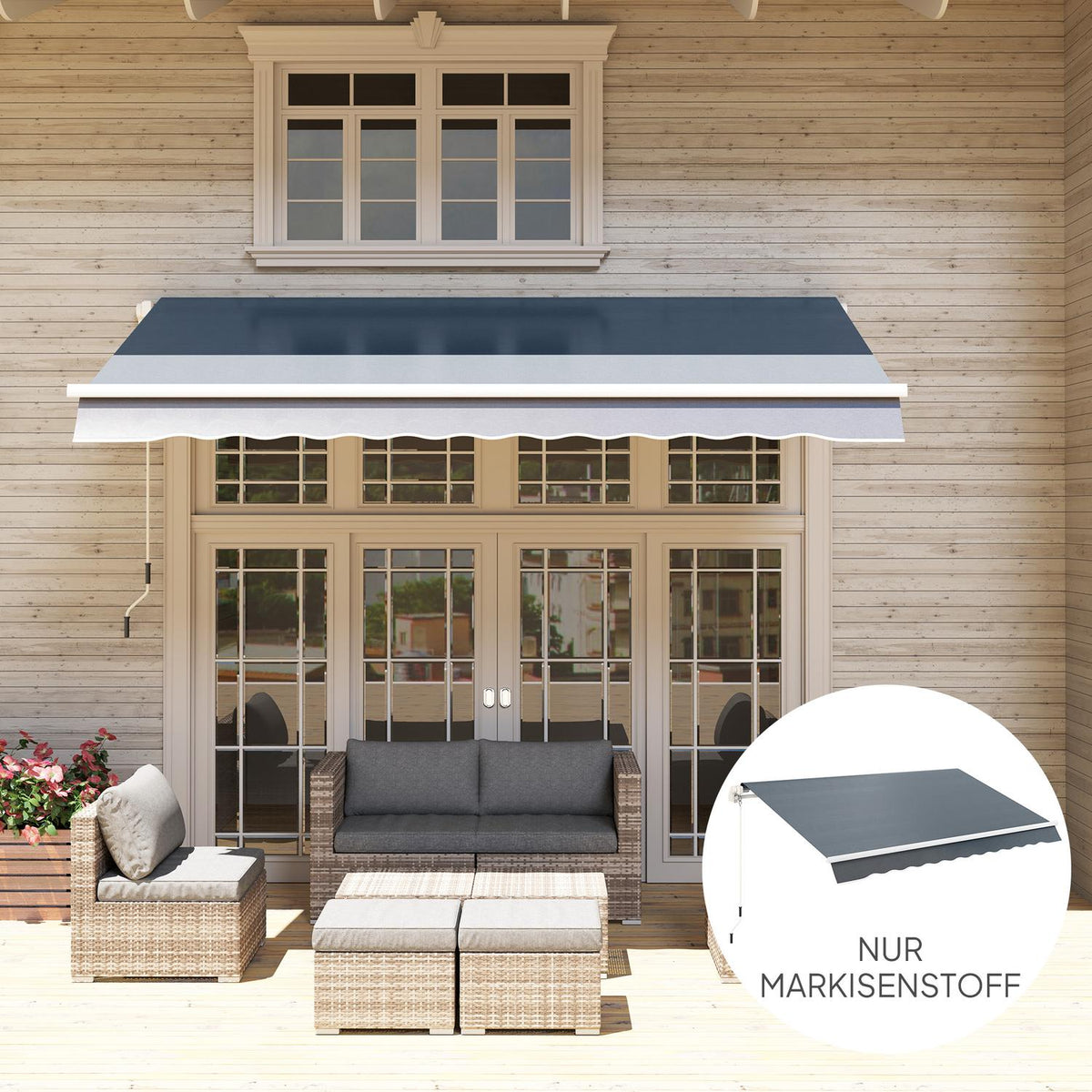 Awning cover, awning fabric with valance, water-repellent replacement fabric for 3 x 2.5 m awnings, awning fabric, sun protection for garden, balcony, yard, gray