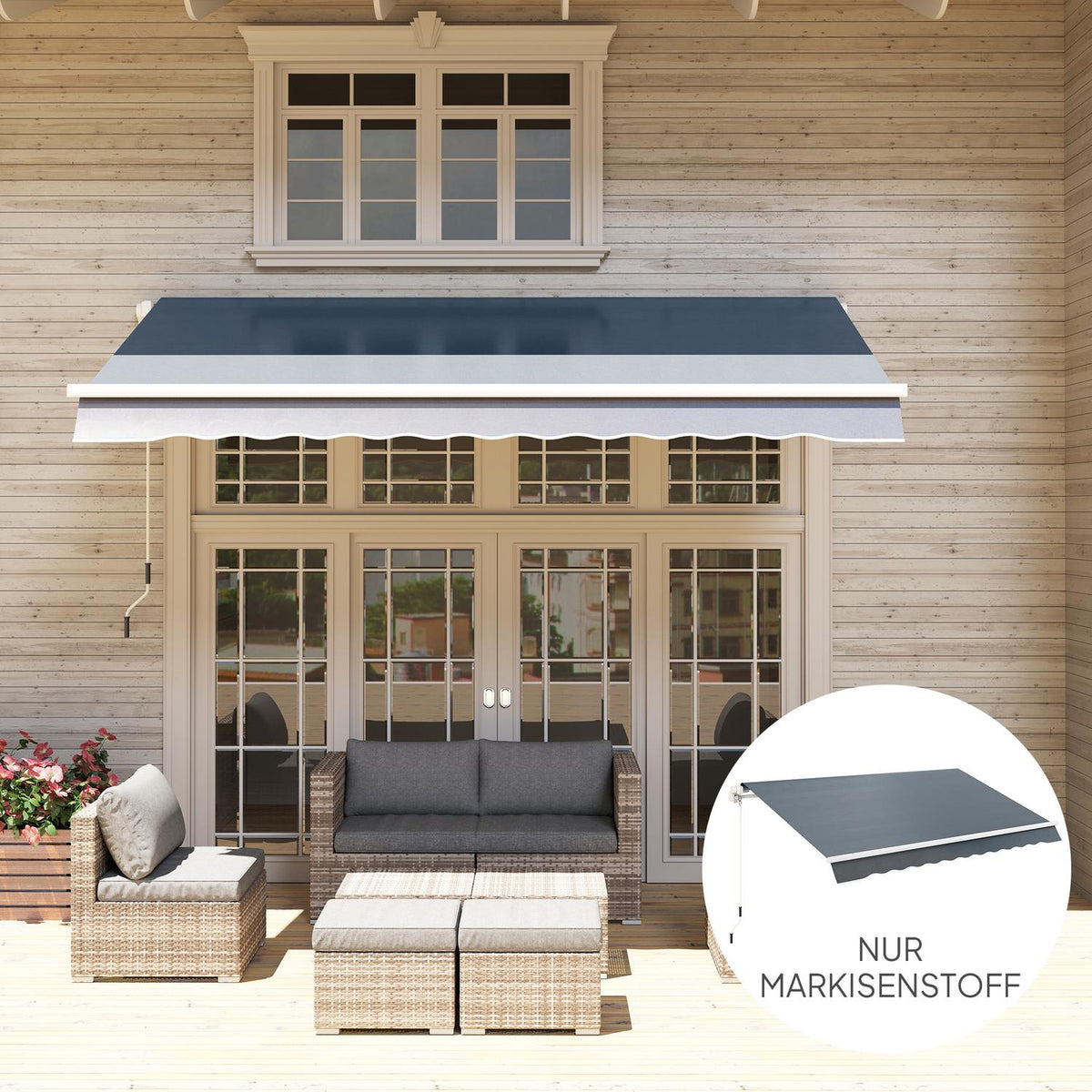 Awning cover, awning fabric with valance, water-repellent replacement fabric for 4 x 3 m awnings, awning fabric, sun protection for garden, balcony, yard, gray