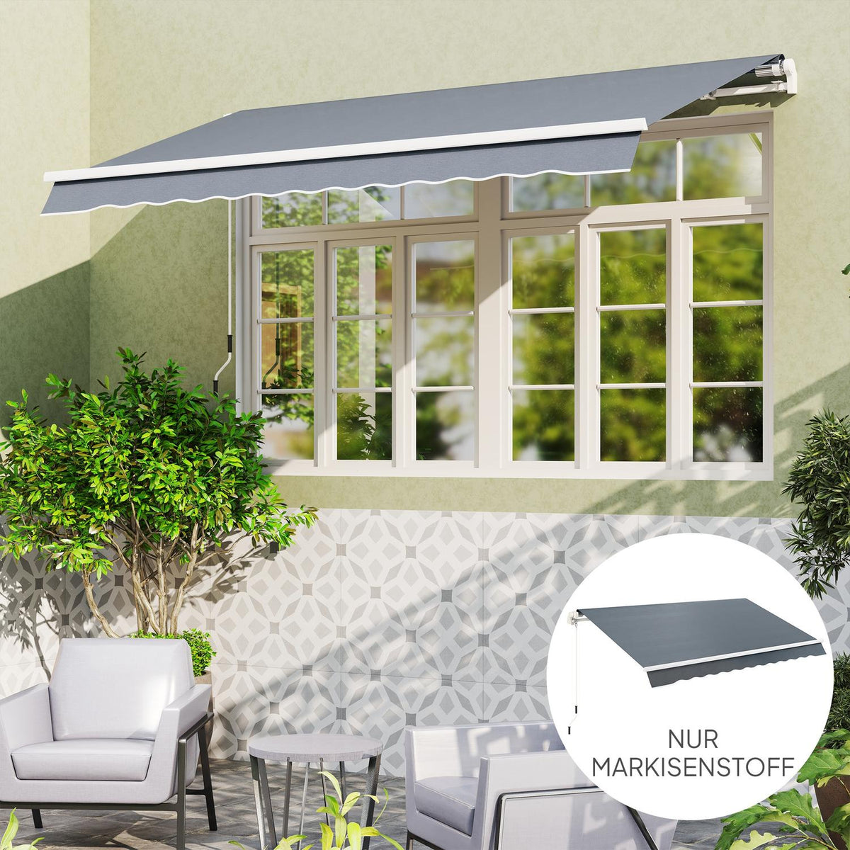 Awning cover, awning fabric with valance, water-repellent replacement fabric for 4 x 3 m awnings, awning fabric, sun protection for garden, balcony, yard, gray
