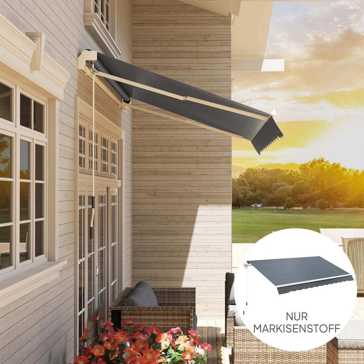 Awning cover, awning fabric with valance, water-repellent replacement fabric for 4 x 3 m awnings, awning fabric, sun protection for garden, balcony, yard, gray