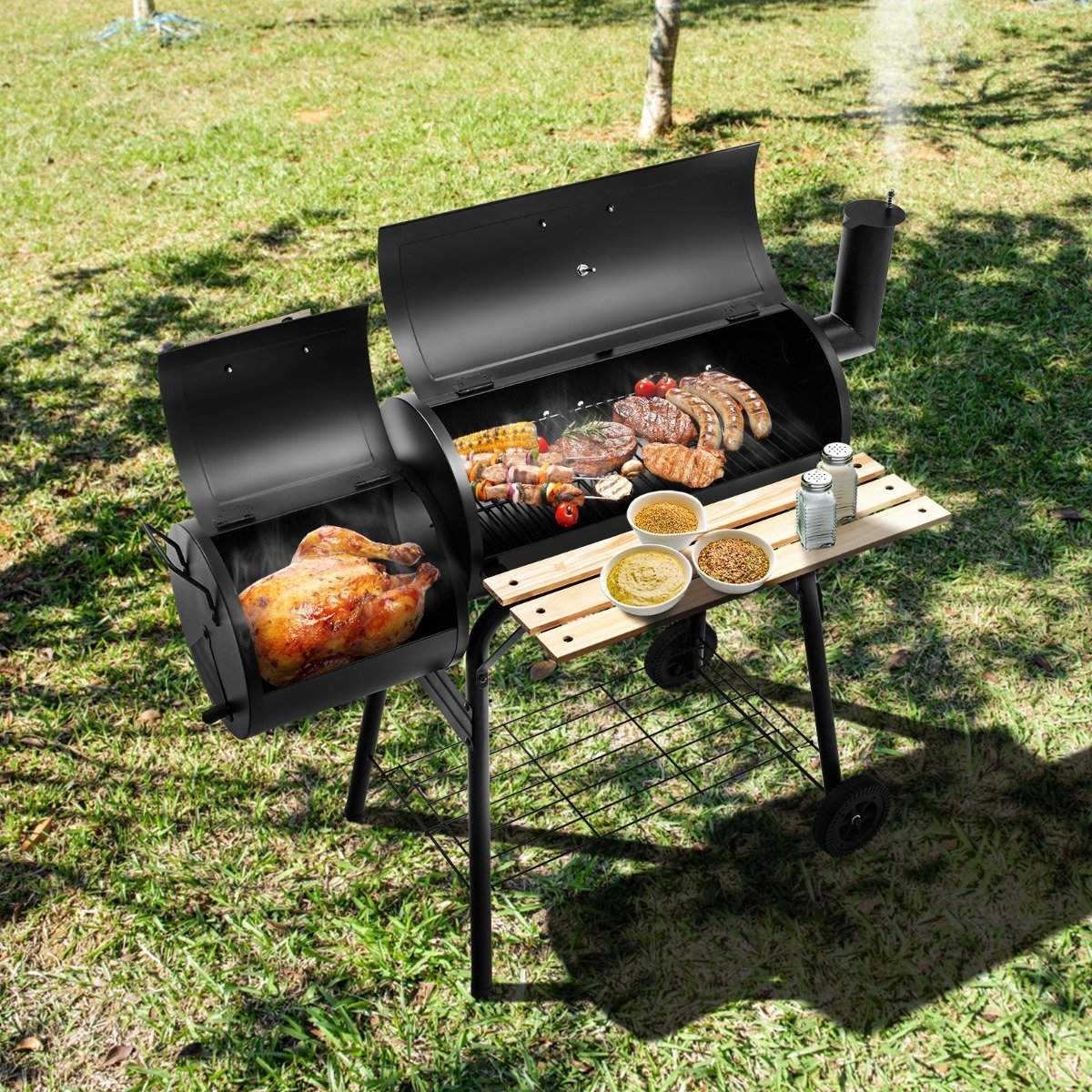 BBQ charcoal grill with wheels grill cart with lid outdoor grill 115 x 65 x 108 cm black