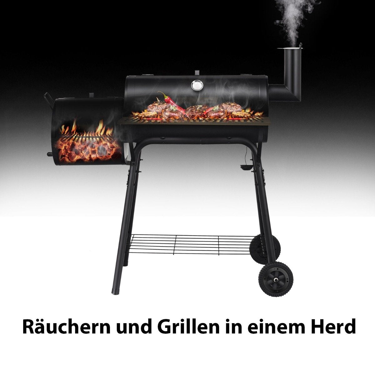 BBQ charcoal grill with wheels grill cart with lid outdoor grill 115 x 65 x 108 cm black