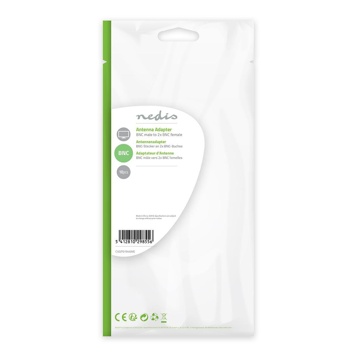 BNC Adapter | BNC Male | 2x BNC Female | Nickel Plated | 50 Ohm | Splitters | Metal | Silver | 10 pieces. | Plastic bag