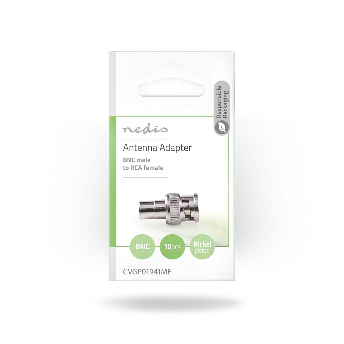 BNC Adapter | BNC Male | RCA Female | Nickel Plated | 50 Ohm | Straight | Metal | Silver | 10 pieces. | Envelope