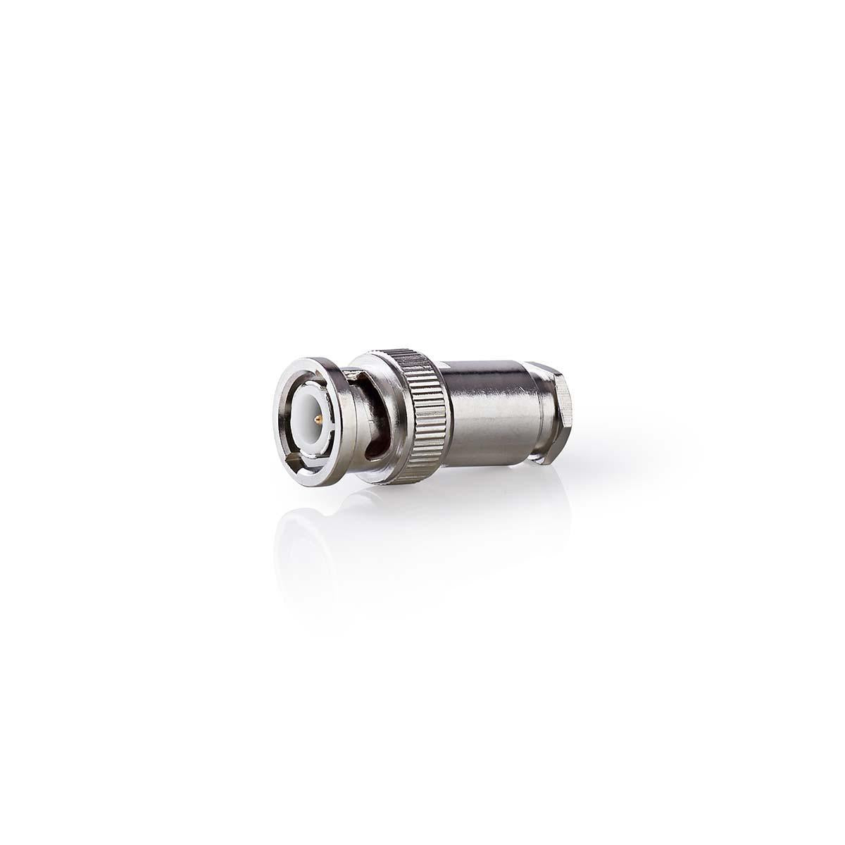 BNC Connector | Straight | Male | Nickel Plated | 50 Ohm | Twist-on | Cable input diameter: 5.0 mm | Steel | Silver | 25 pcs | Polybag