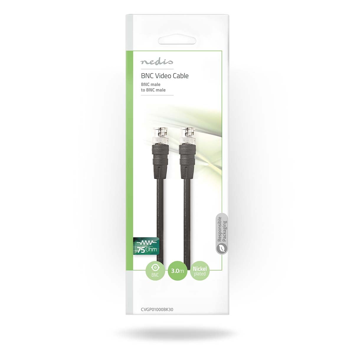 BNC video cable | BNC Male | BNC Male | Nickel Plated | 75 Ohm | 3.00 m | Round | PVC | Black | Envelope