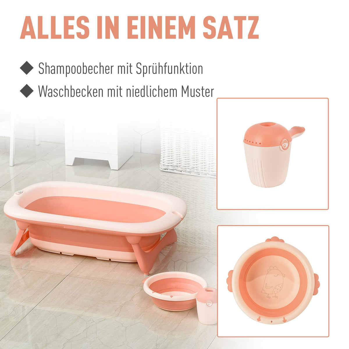 Baby Bathtub With Sink And Shampoo Cup, Foldable Baby Bath Tub, Bathtub For Baby, Plastic, Rose, 84.5 X 50.5 X 24 Cm