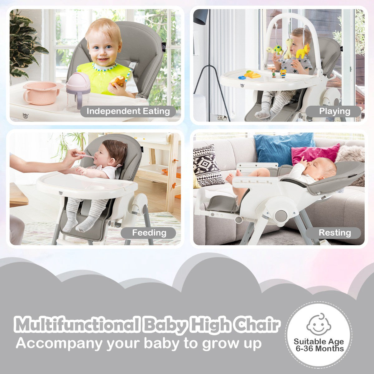 Baby High Chair, 4-in-1 Foldable, 7-Height, Double Tray