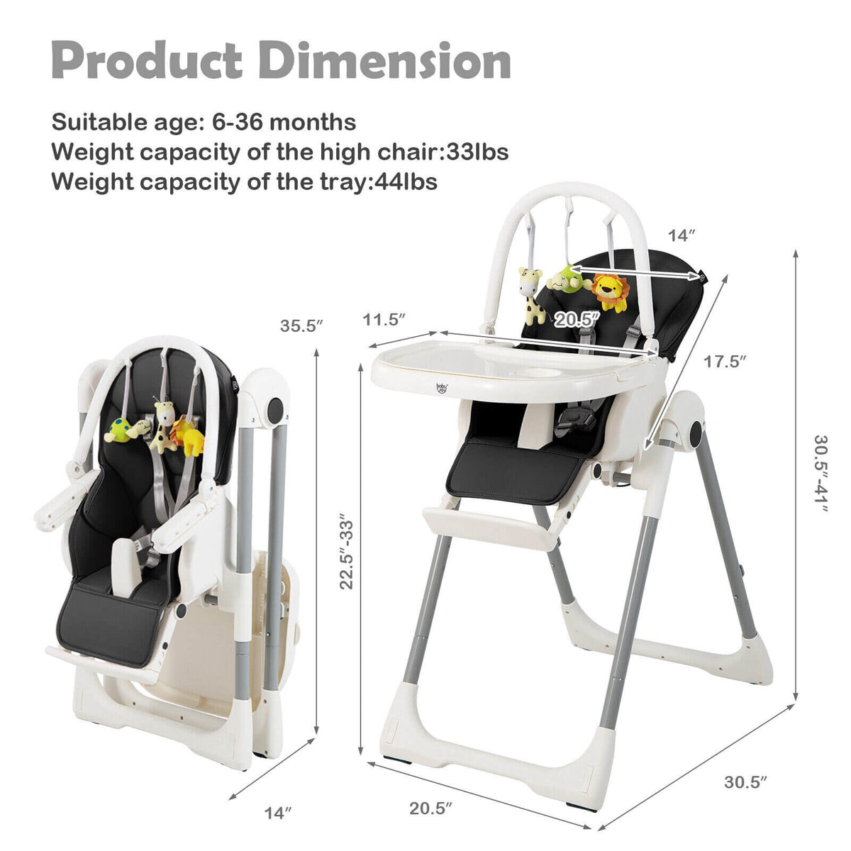 Baby High Chair, 4-in-1 Foldable, 7 Height Levels, Toy Bar