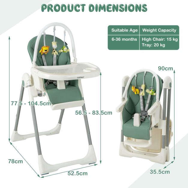 Baby High Chair, 4-in-1 Foldable, 7-Height, Toy Bar