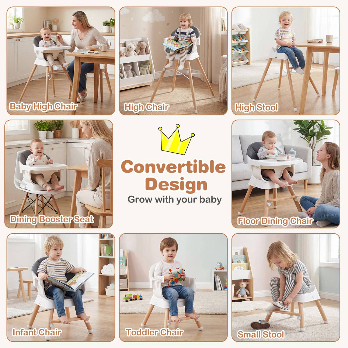 Baby High Chair, Adjustable Tray, 5-Point Harness, Grey