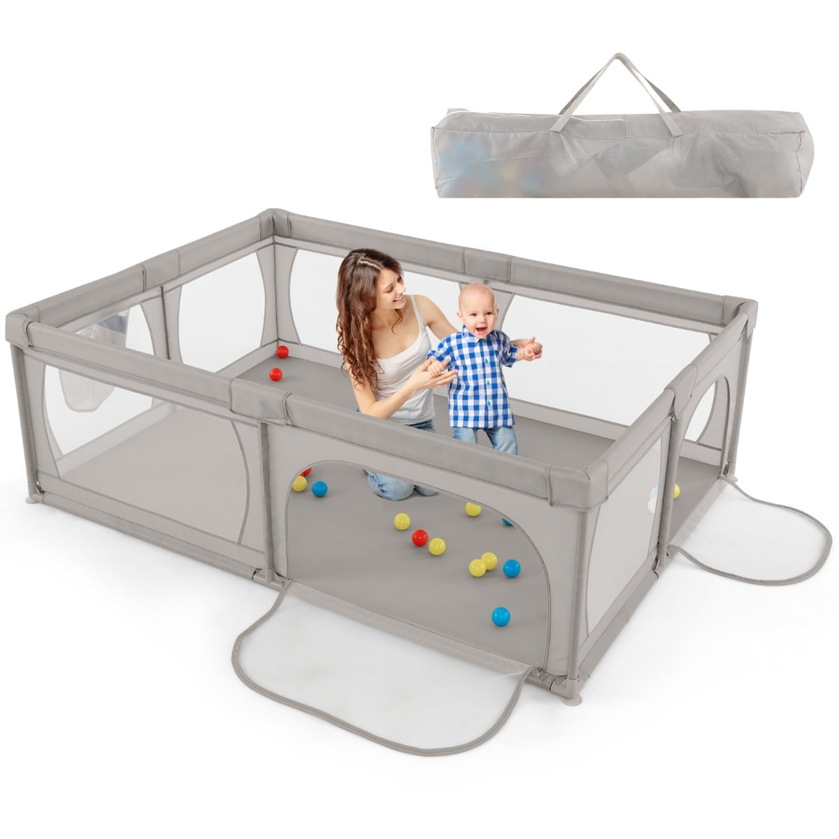 Baby Playpen with 50 Balls, 2 Doors, Breathable Mesh, 205x147 cm
