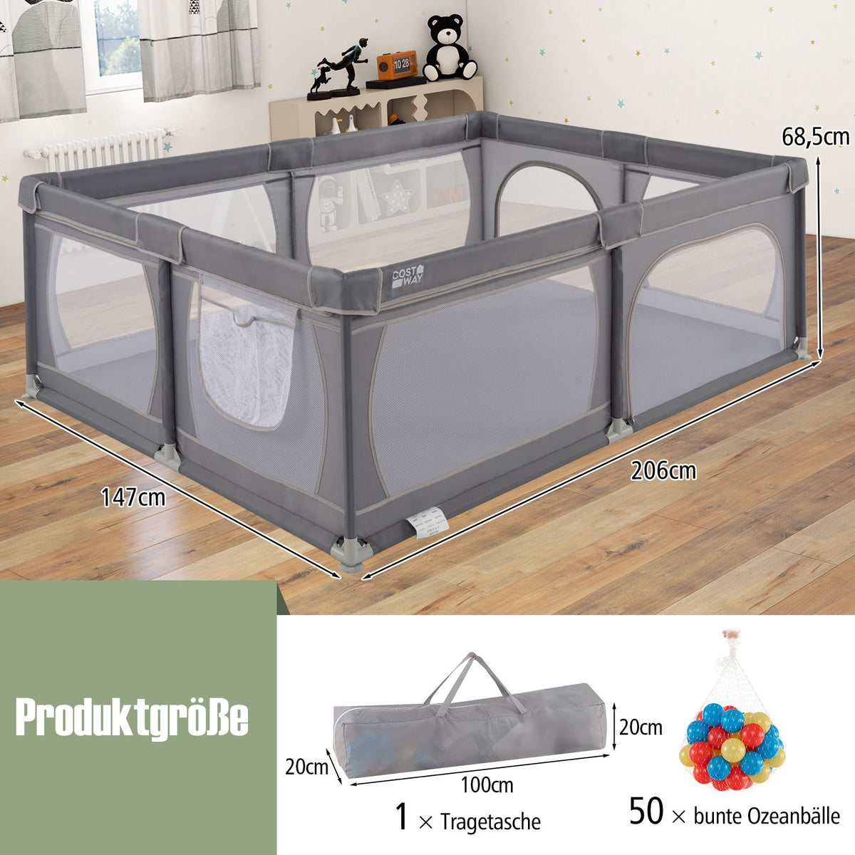 Baby Playpen with 50 Balls & 2 Doors, Breathable Mesh