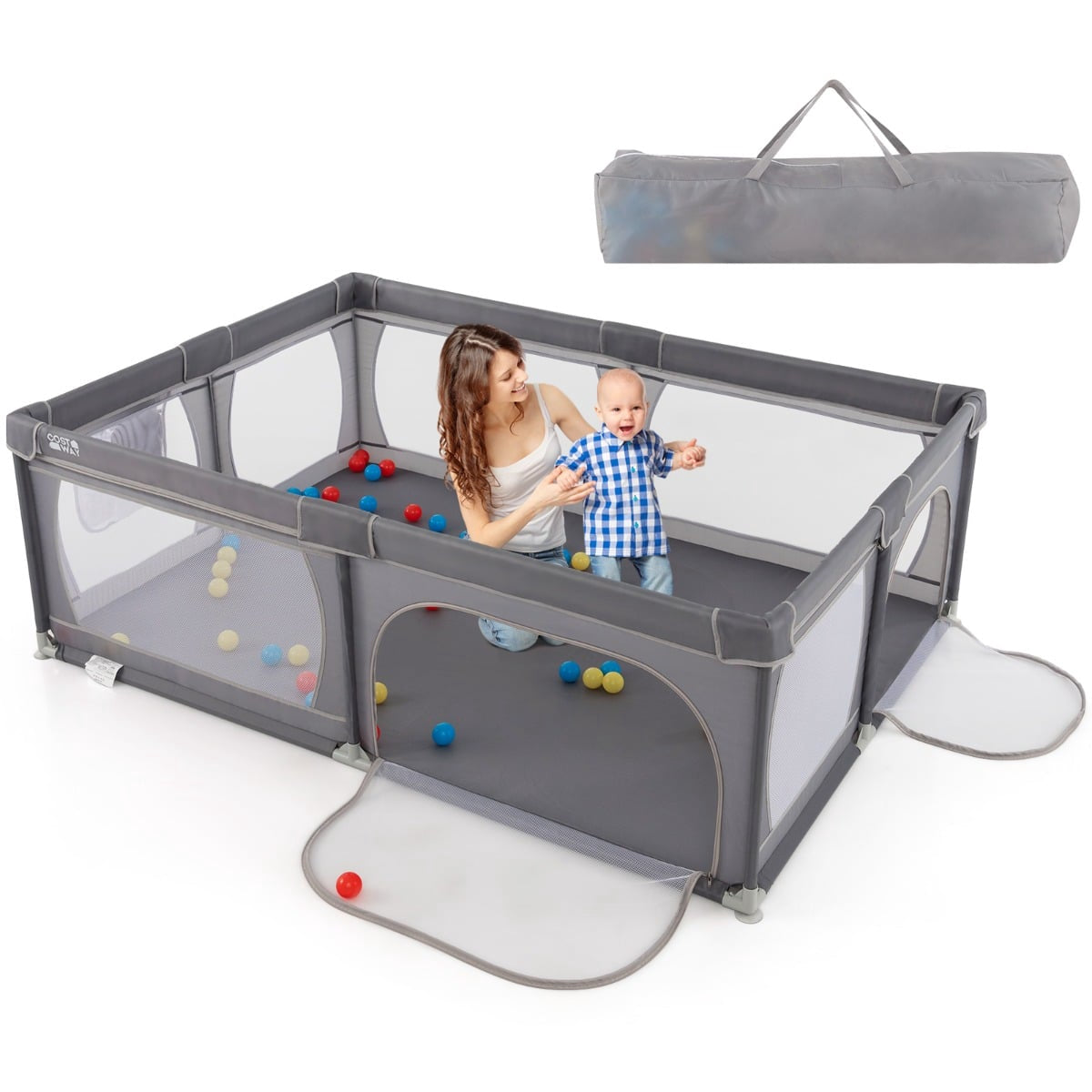 Baby Playpen with 50 Balls & 2 Doors, Breathable Mesh