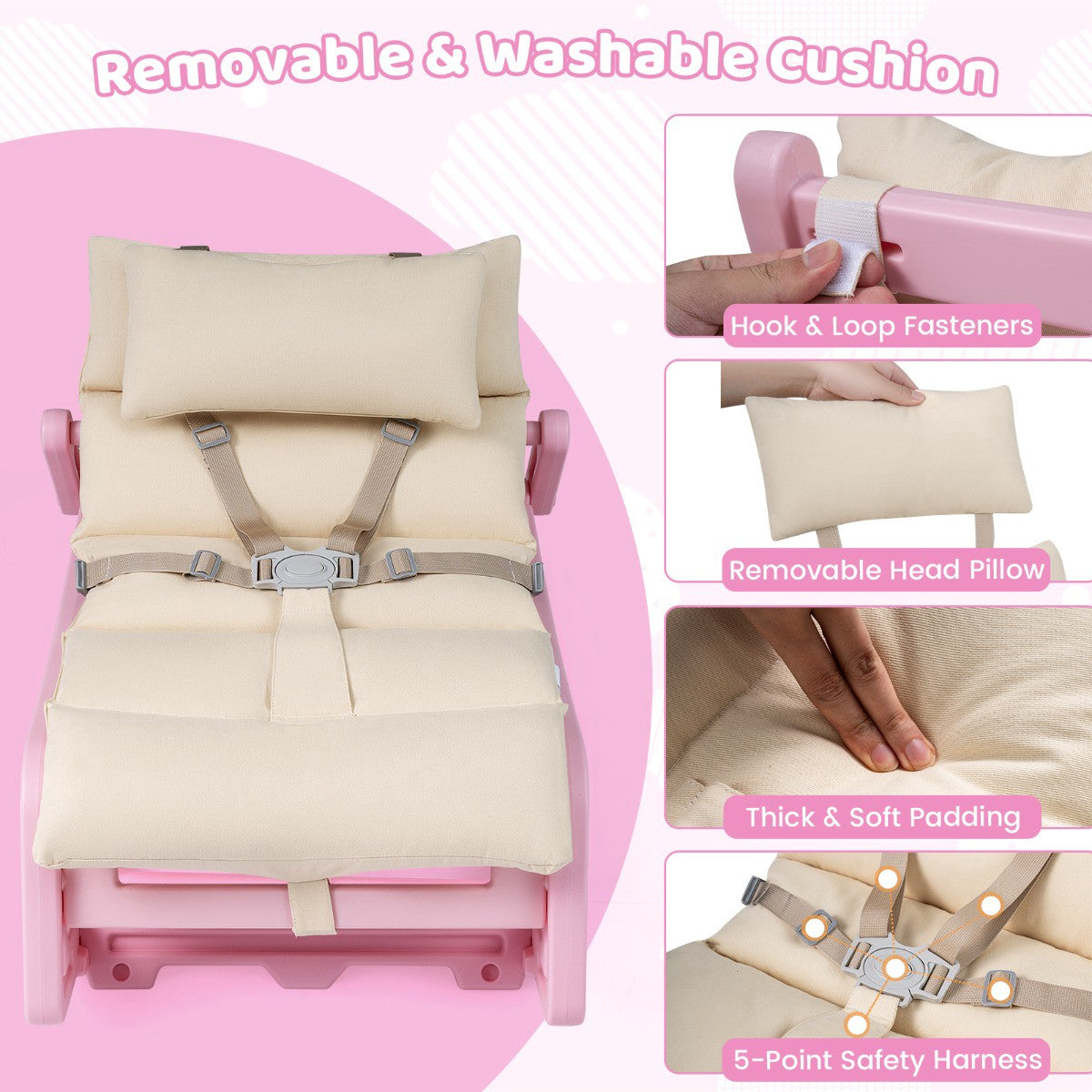 Baby Rocking Chair 2-in-1, 4-Position Recliner, Pink