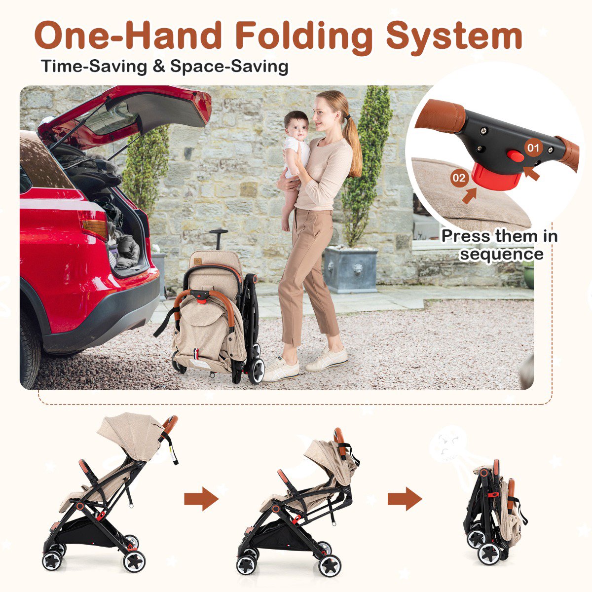 Baby Stroller, Quick-Fold, 95–175 Recline, Canopy, Beige