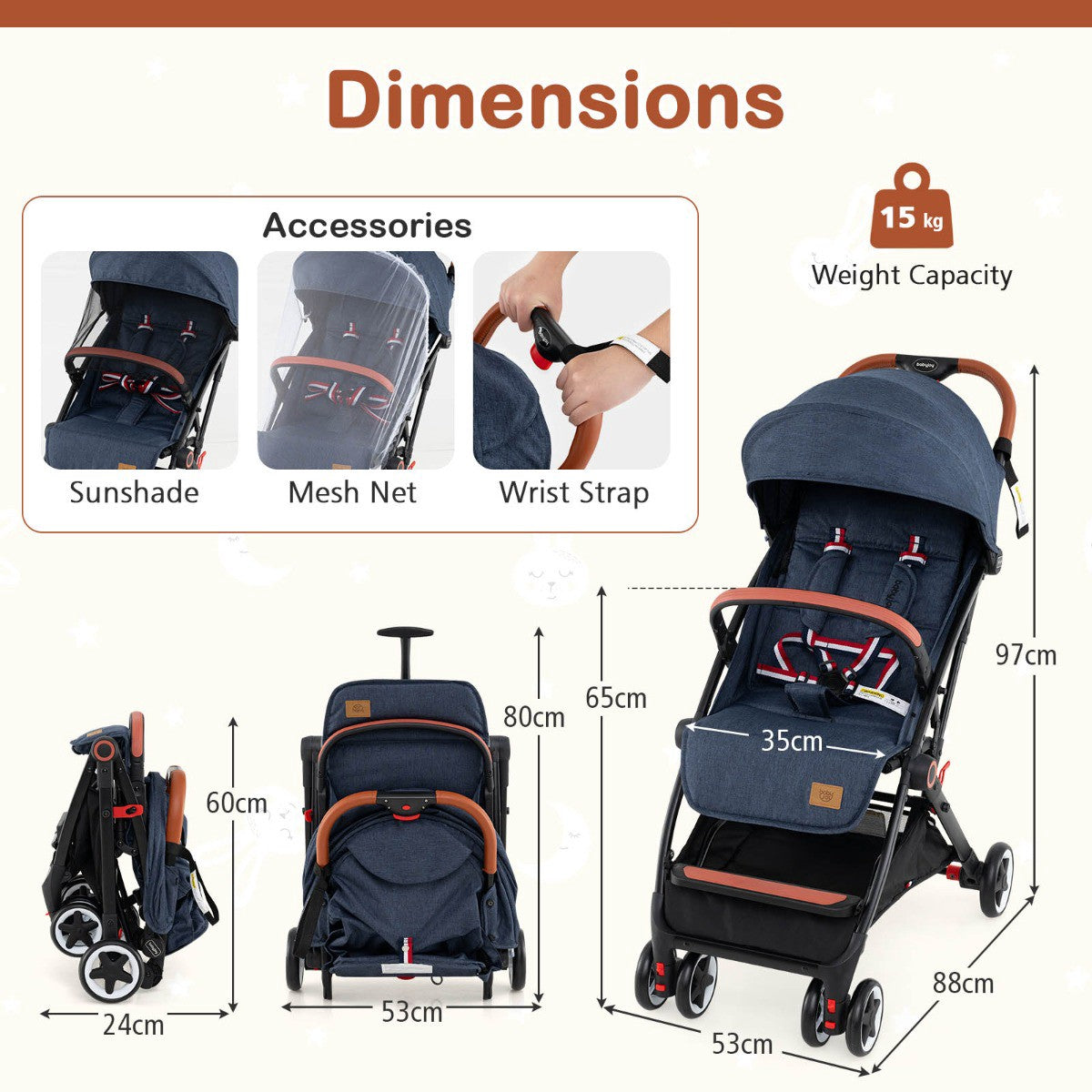 Baby Stroller With Canopy, 95–175 Recline, Quick Fold