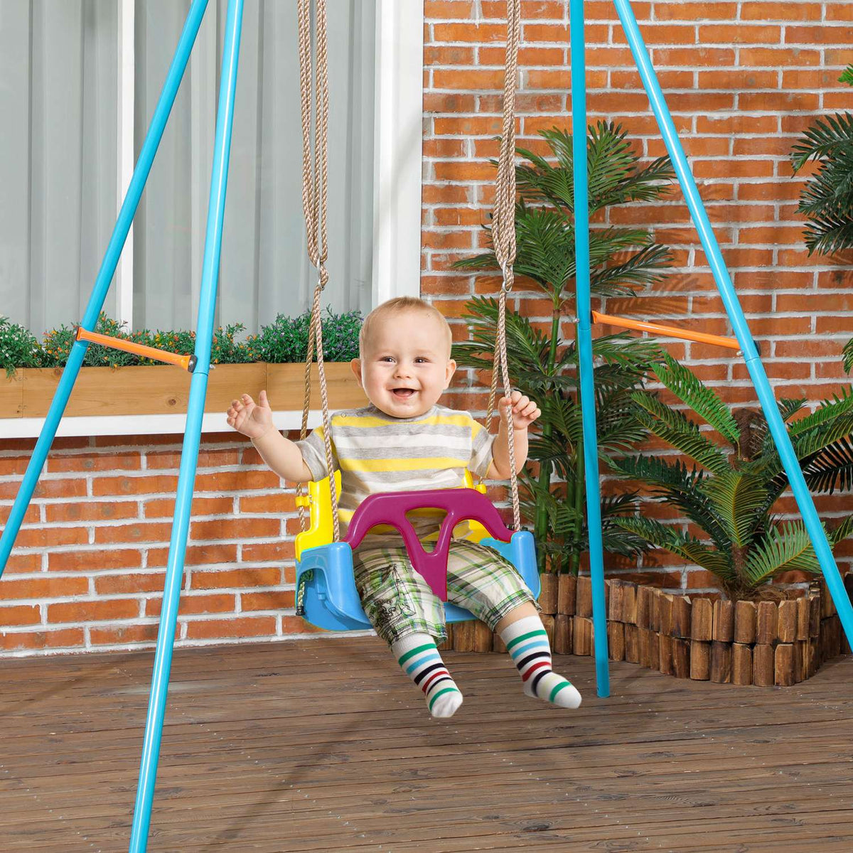 Baby Swing, Children'S Swing With Adjustable Rope, 120-180 Cm Height Adjustable, Swing Seat For Children From 9 Months, Blue + Yellow + Purple
