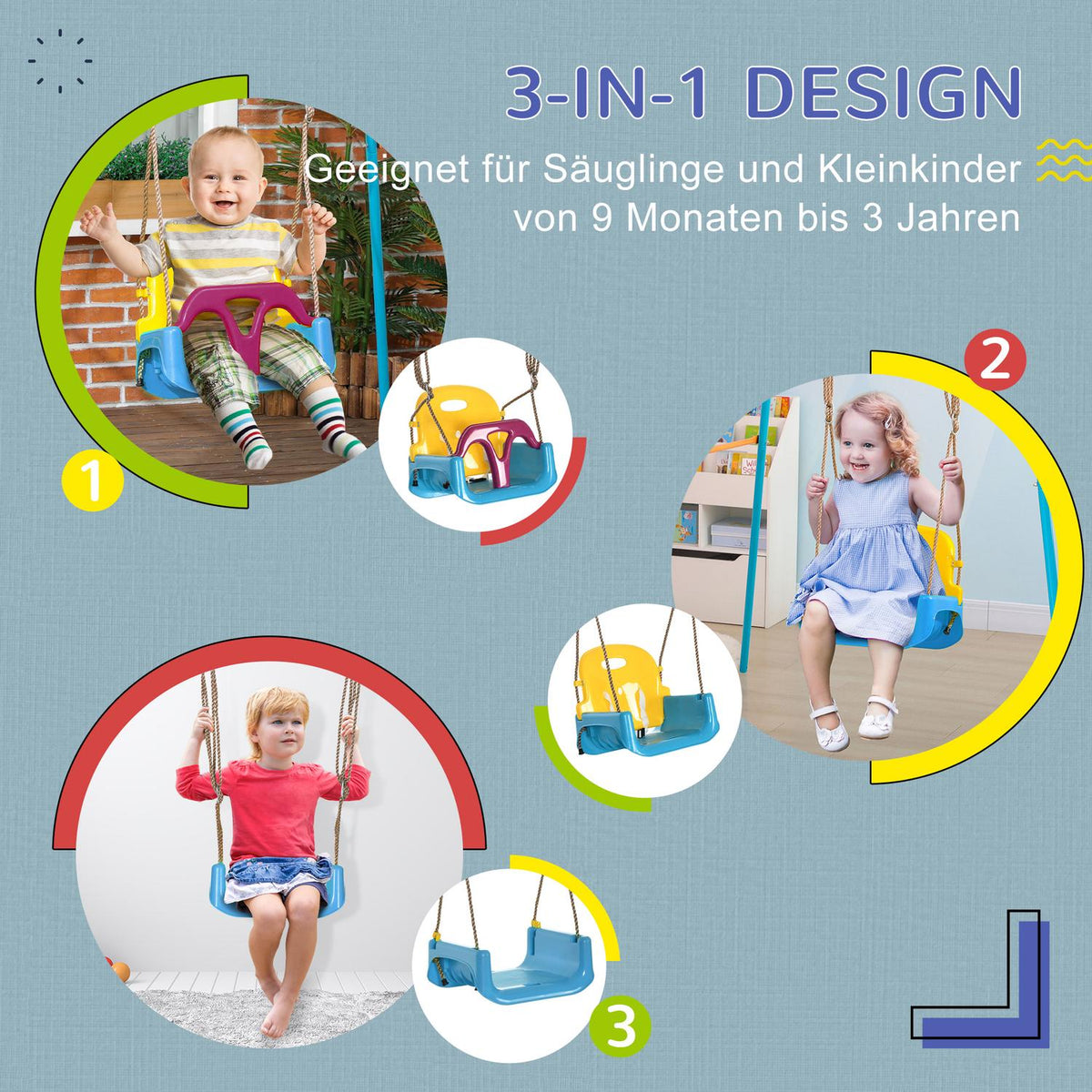 Baby Swing, Children'S Swing With Adjustable Rope, 120-180 Cm Height Adjustable, Swing Seat For Children From 9 Months, Blue + Yellow + Purple