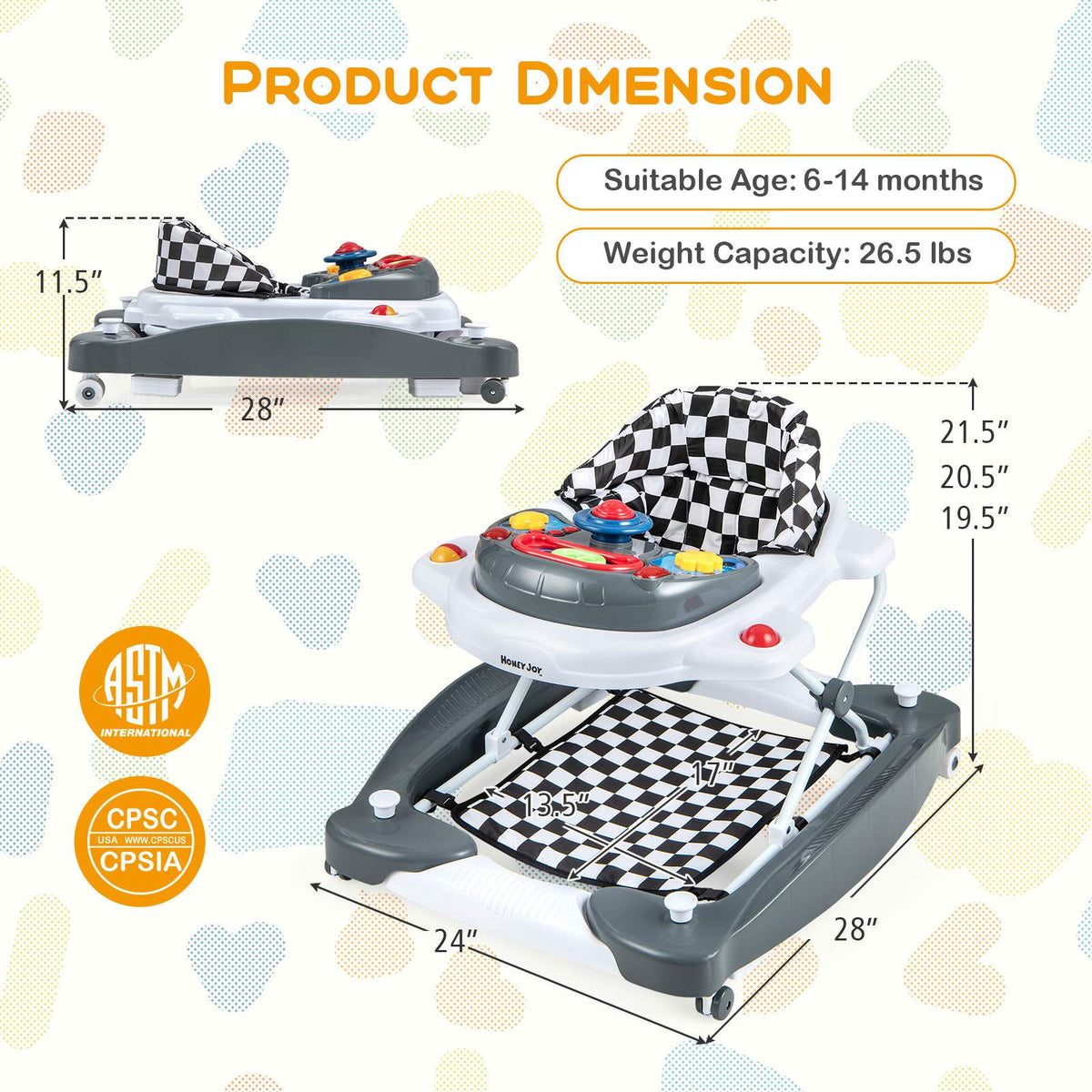 Baby Walker, Foldable 6-in-1, Adjustable Height, Music Tray
