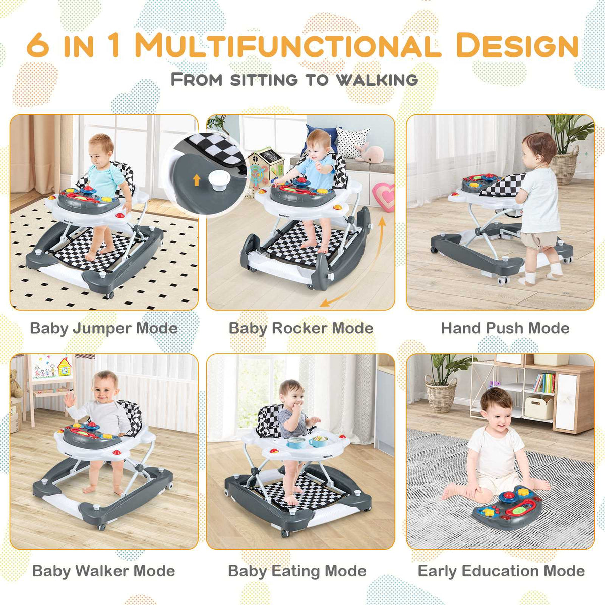 Baby Walker, Foldable 6-in-1, Adjustable Height, Music Tray