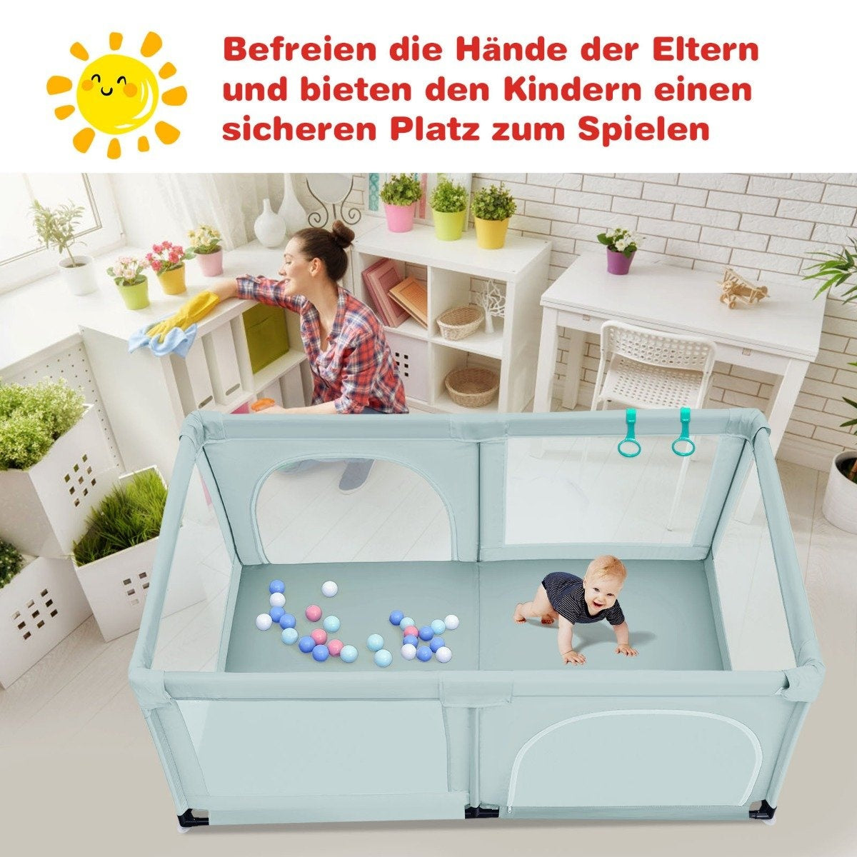 Baby playpen with 50 play balls playpen with net and zipper 120 x 190 cm blue