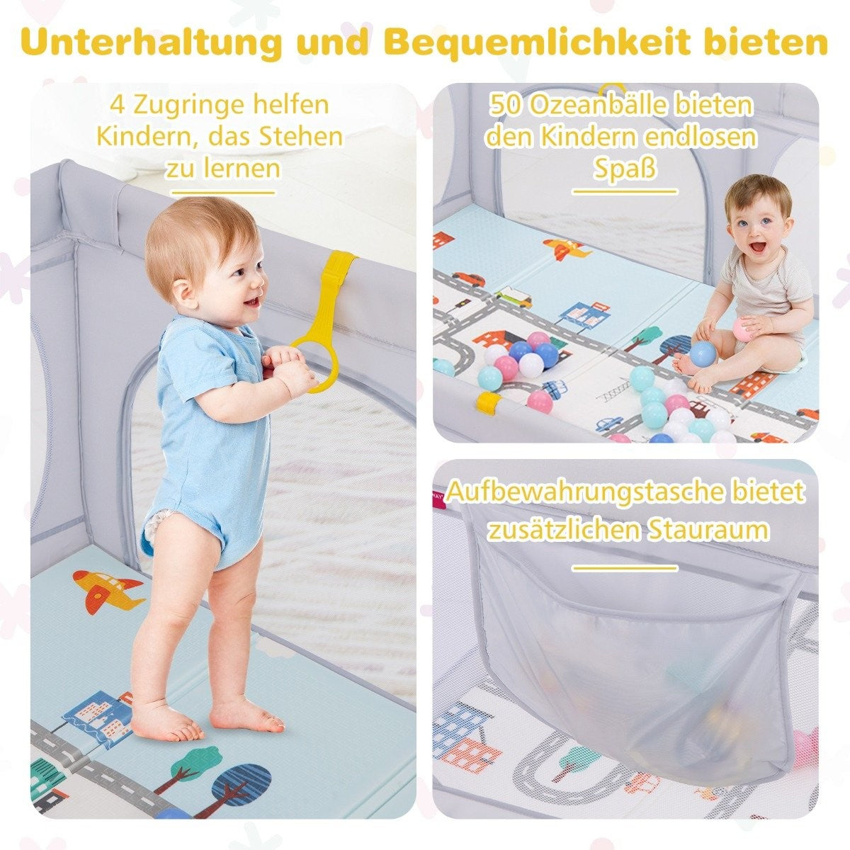 Baby playpen with mattress & 50 play balls & 4 pull rings & 4 zipper doors light grey
