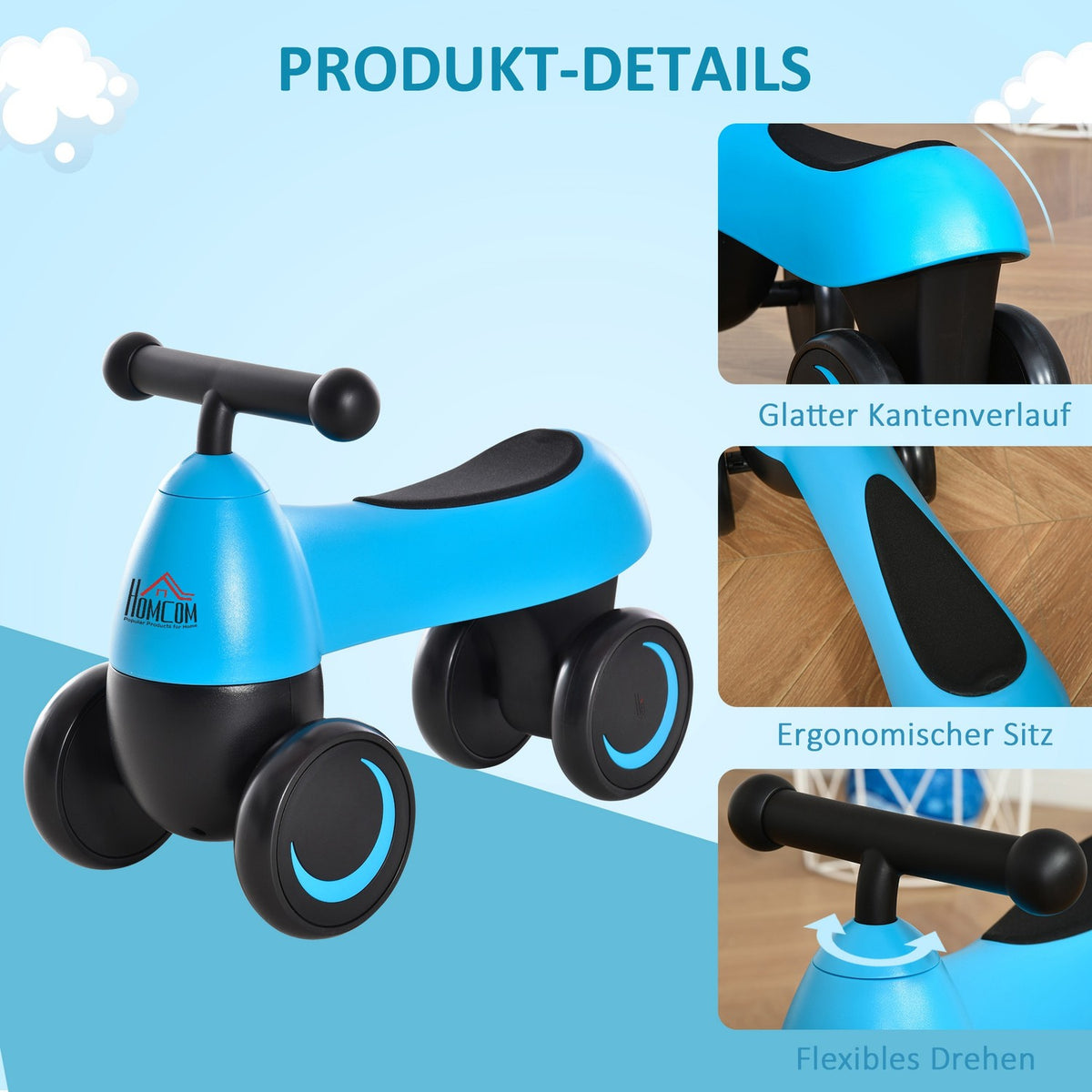 Balance Bike Learning Aid 4 Wheels Without Pedals 18-36 Months Blue 54X26X38Cm
