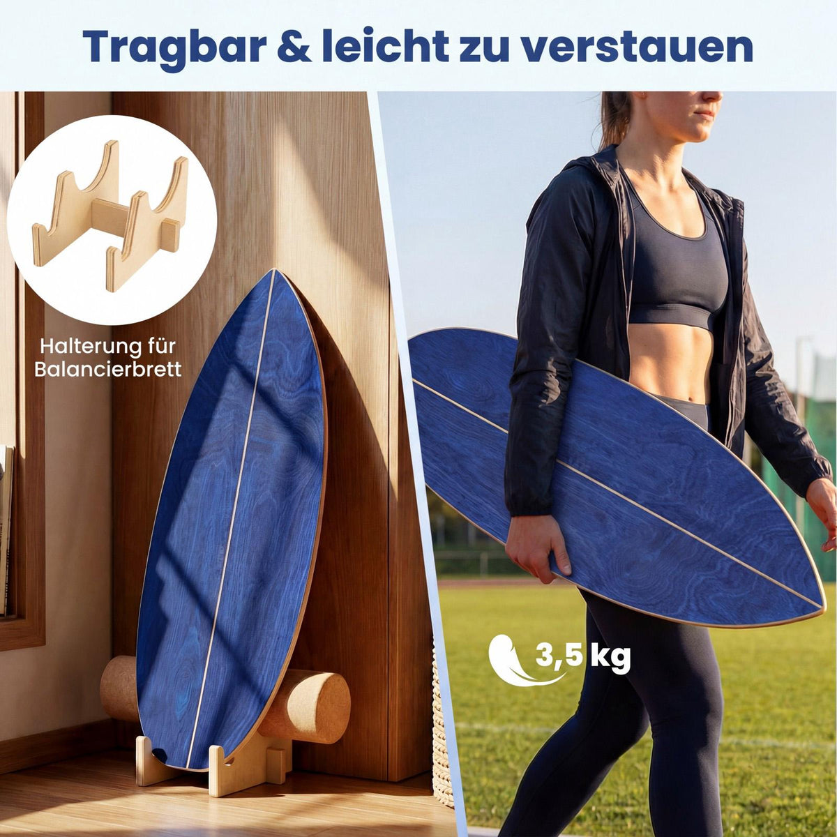 Balance Board Set with Cork Roller, Birch Wood, Blue
