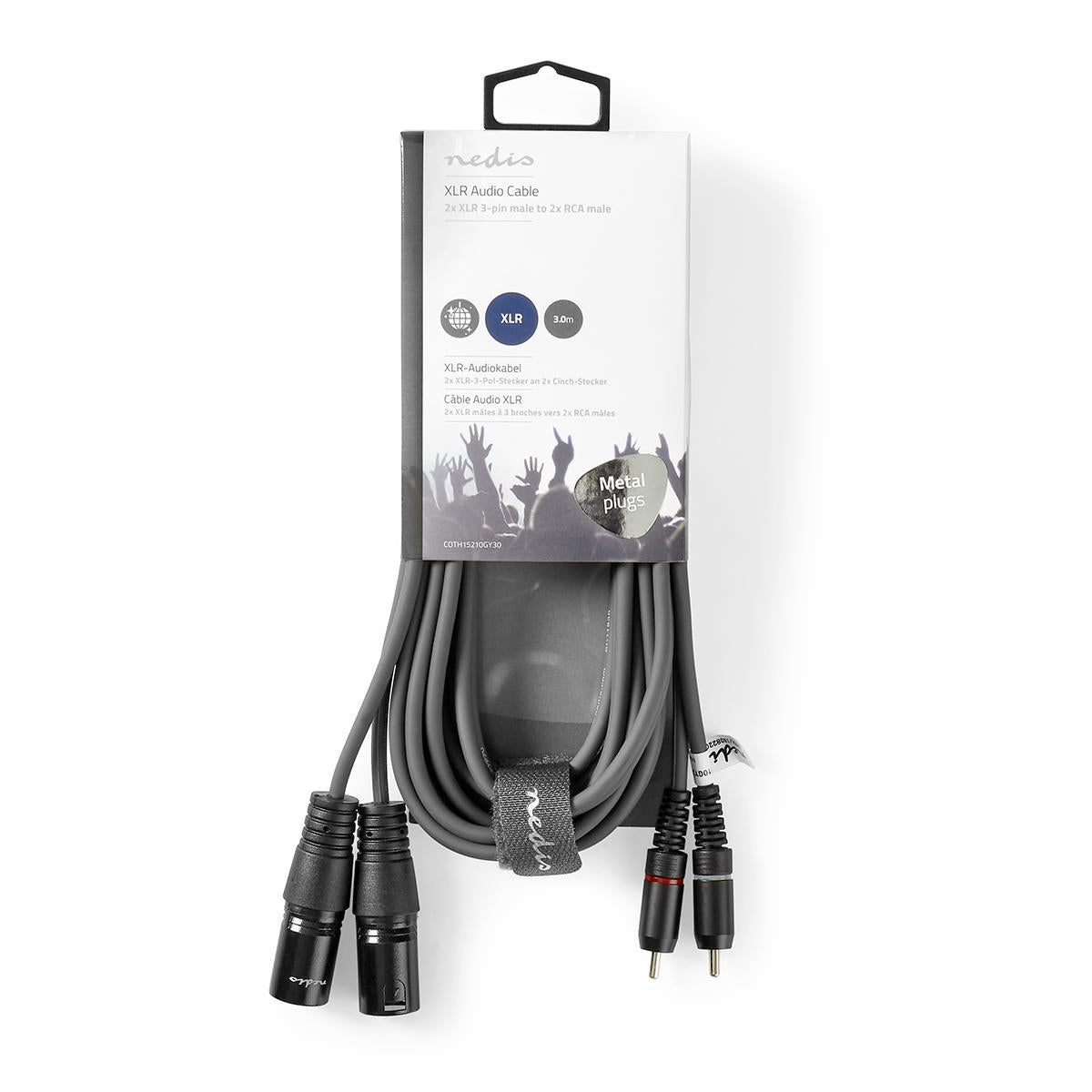 Balanced audio cable | 2x XLR 3-Pin Male | 2x RCA Male | Nickel Plated | 3.00 m | Round | PVC | Dark gray | Cardboard sleeve