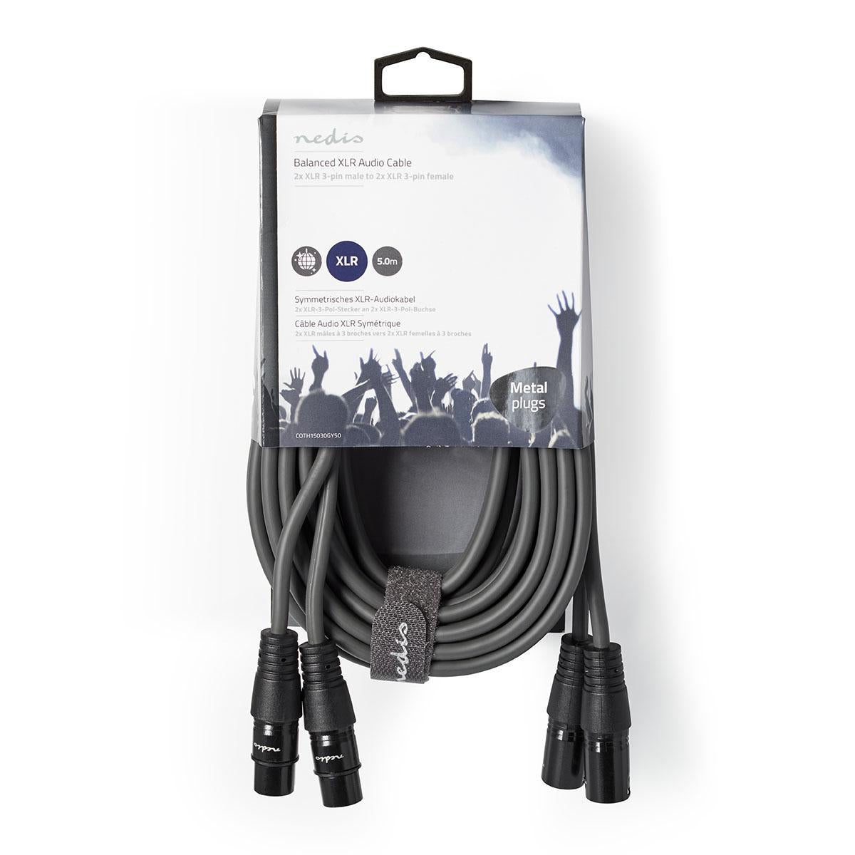 Balanced audio cable | 2x XLR 3-Pin Male | 2x XLR 3-Pin Female | Nickel Plated | 5.00 m | Round | PVC | Dark gray | Cardboard sleeve