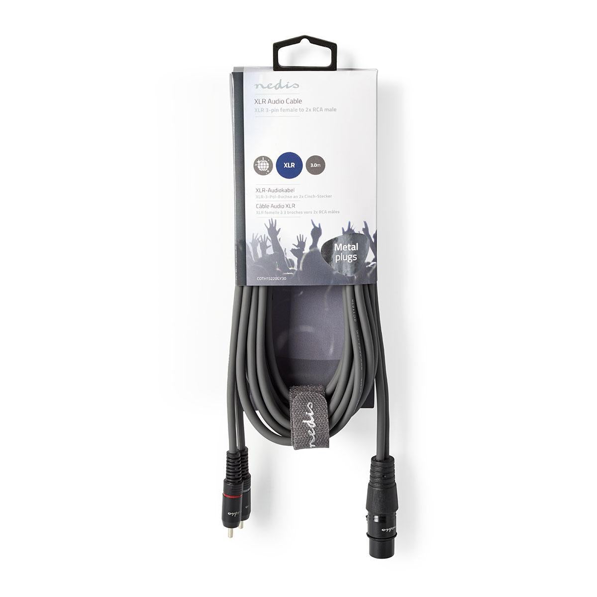 Balanced audio cable | XLR 3-pin female | 2x RCA Male | Nickel Plated | 3.00 m | Round | PVC | Dark gray | Cardboard sleeve