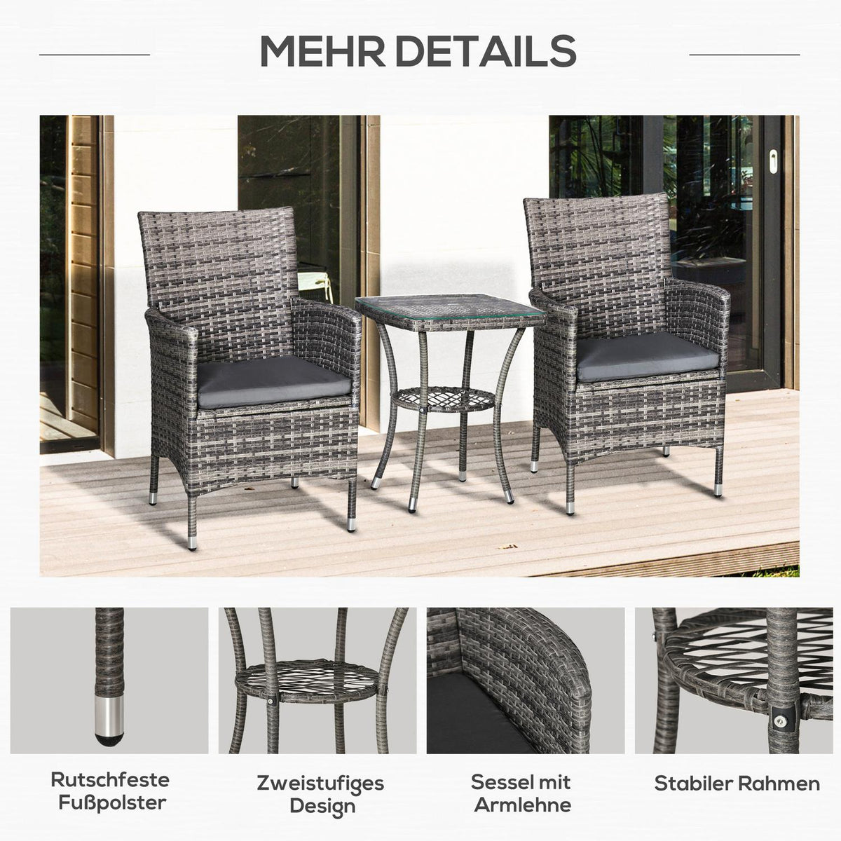Balcony Furniture Set For 2 People Rattan Garden Set Polyrattan Dark Gray
