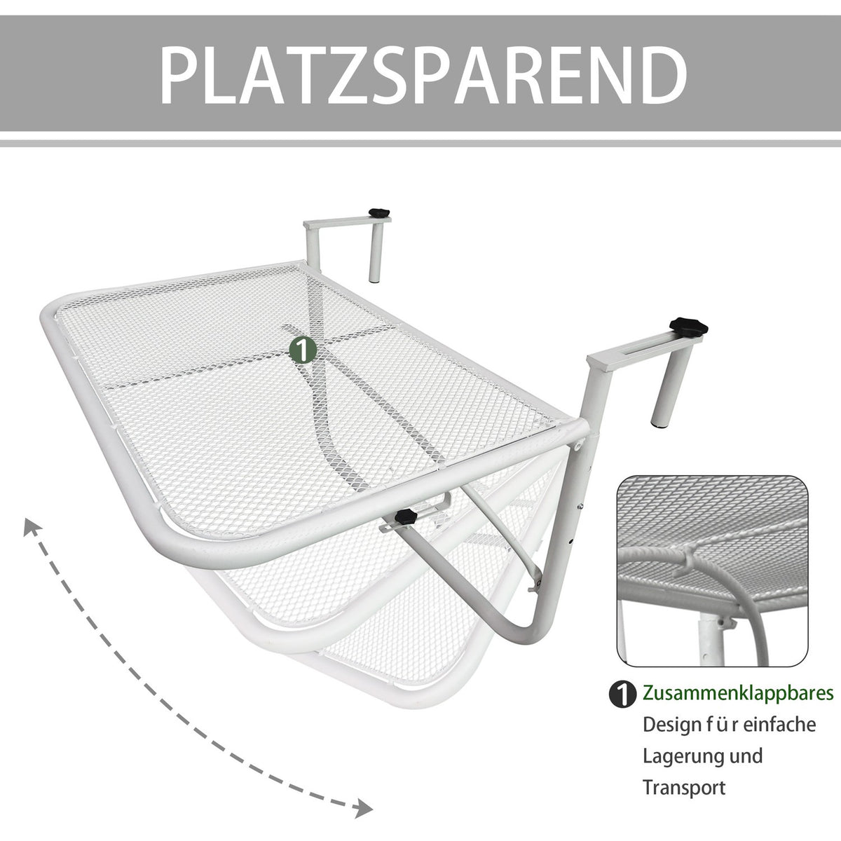 Balcony Hanging Table Garden Table Height Adjustable Square Terrace Metal White L60 X W56.5 X H45 Cm