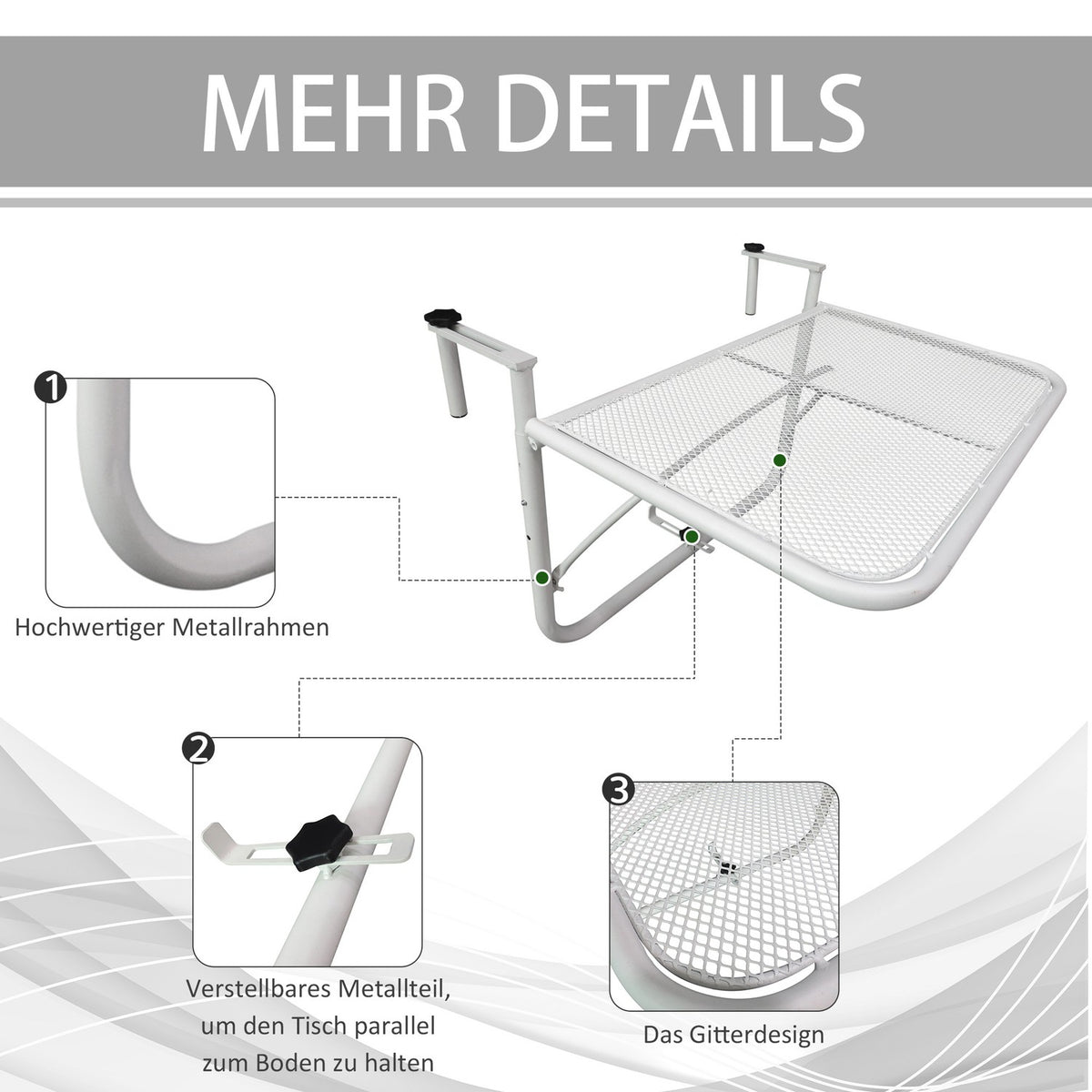 Balcony Hanging Table Garden Table Height Adjustable Square Terrace Metal White L60 X W56.5 X H45 Cm