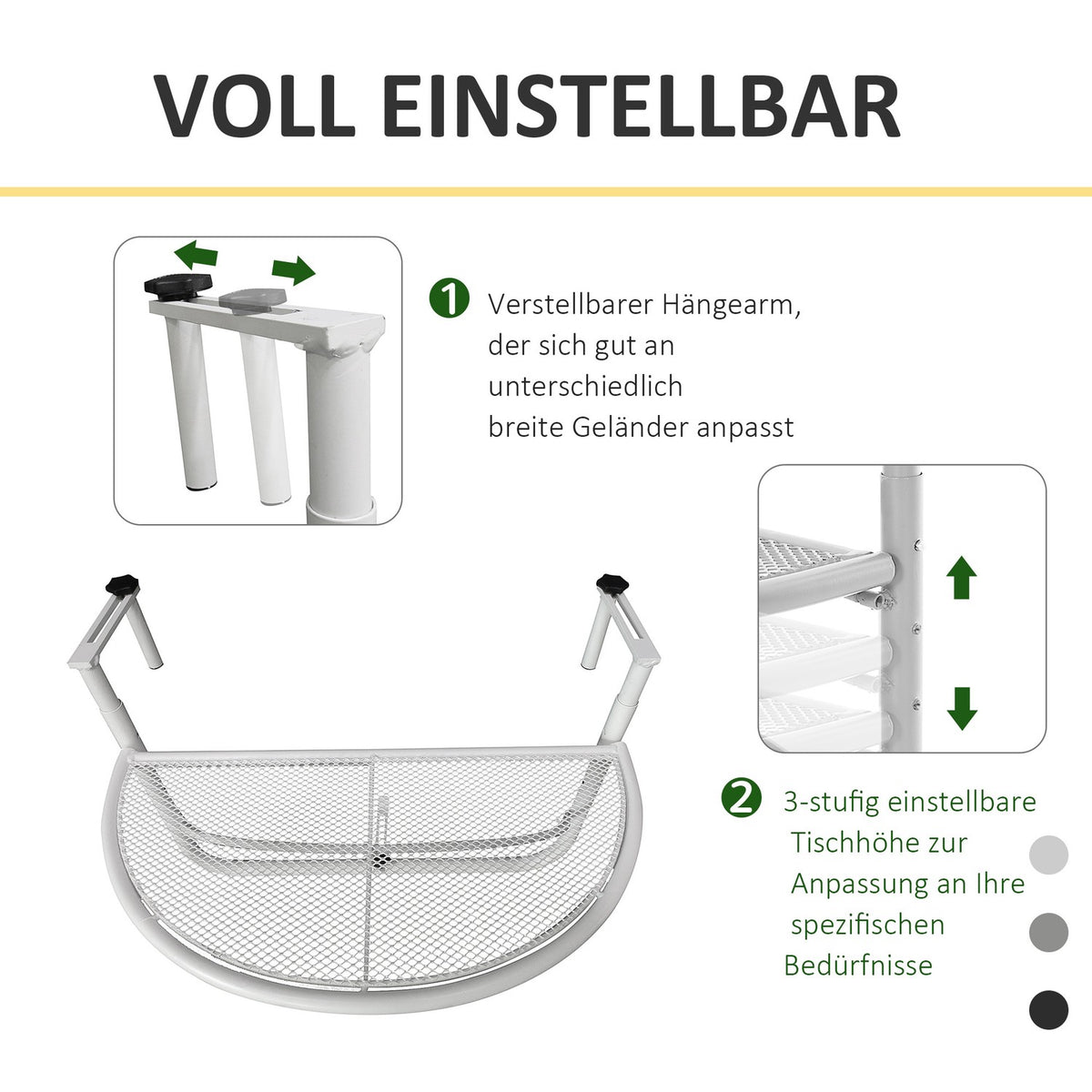 Balcony Hanging Table Hanging Table Garden Table Height-Adjustable Semicircular Ø30 Cm Terrace Metal White L60 X W45 X H50 Cm