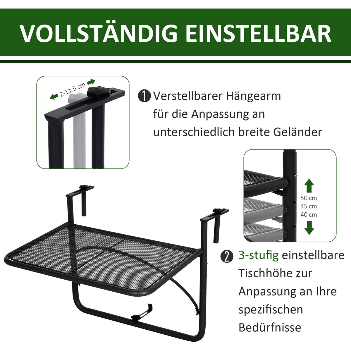 Balcony Hanging Table Height Adjustable Square Metal Black L60Xw56.5Xh45Cm