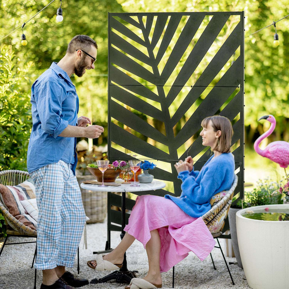 Balcony Privacy Screen Room Divider With Banana Leaf Pattern, 122X198Cm, Steel Black, For Garden & Patio