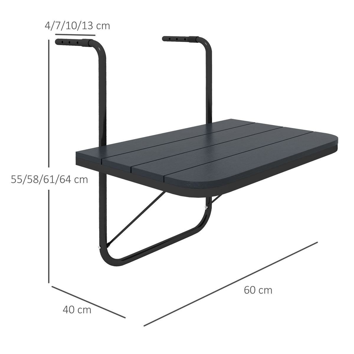 Balcony Table For Hanging, Balcony Hanging Table Foldable, 4-Way Height Adjustable, Hanging Table Can Hold Up To 25 Kg, Aluminum, 60 X 40 Cm, Black