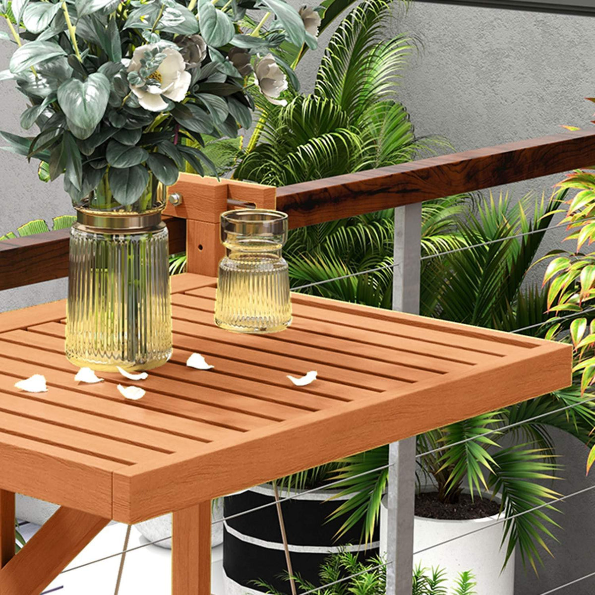 Balcony Table For Hanging, Foldable Balcony Hanging Table, Height-Adjustable Hanging Table, Can Hold Up To 20 Kg, Pine, 68 X 65 Cm, Teak